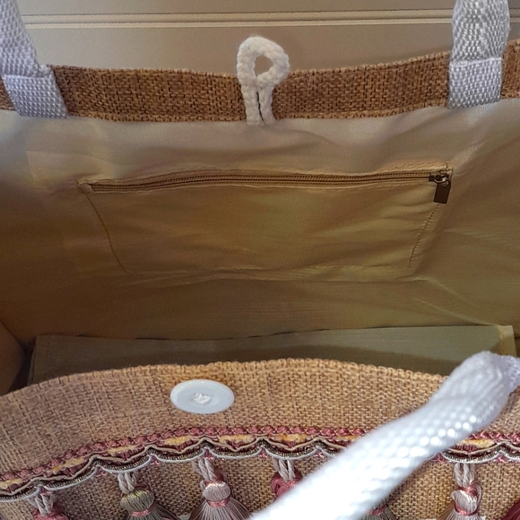 Hello Weekend Linen Look Tassled Canvas Tote Bag - Picture 10 of 12